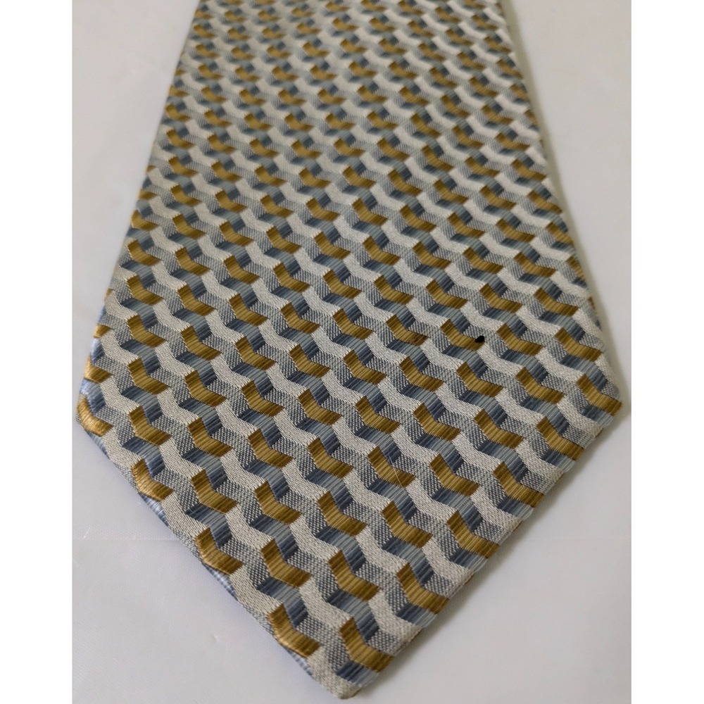 TINO COSMA Silk Tie Made Italy Jacquard Geometric Chevron Gold Blue Gray 58x3.75